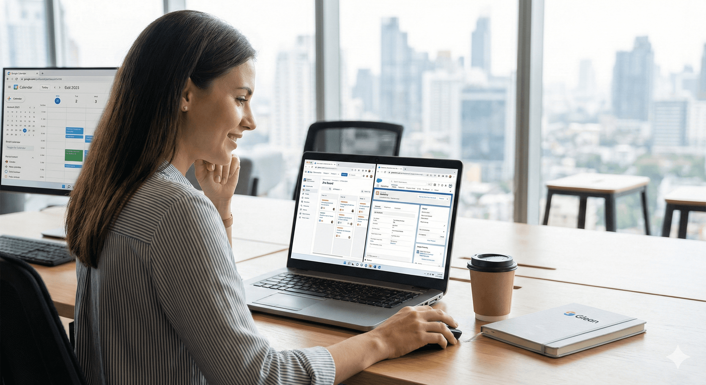 A person using a laptop in a modern office setting with business software interfaces on the screen, showcasing the integration of 85+ new Glean Agent Actions for Salesforce, Jira, and more, while seated at a wooden desk with a takeaway coffee cup and a notebook nearby.