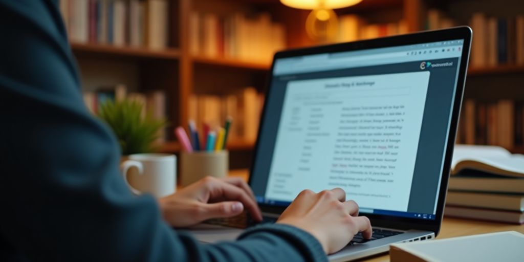 Person using laptop for note-taking in cozy study.