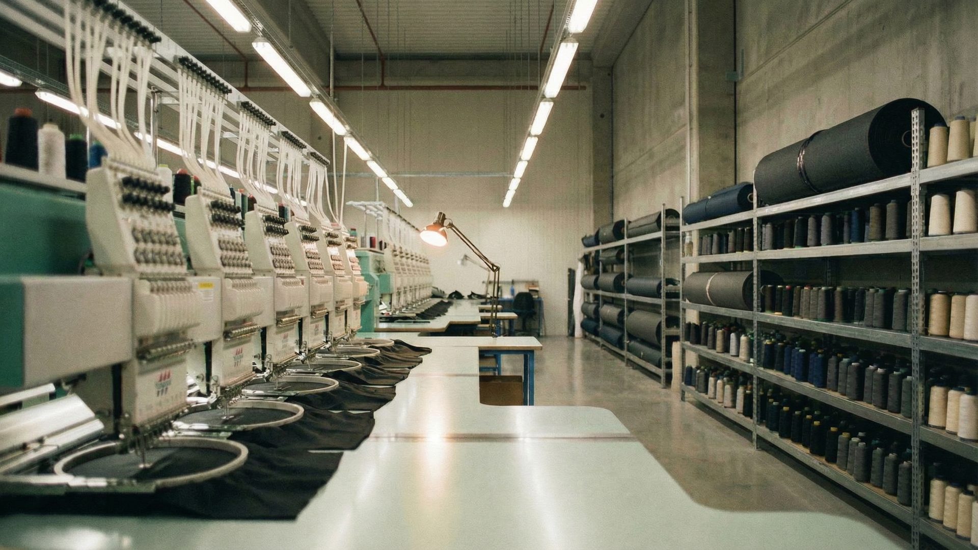 A dark charcoal garment draped over an industrial sewing machine under a warm work lamp, with rows of machines receding into soft focus and a tall shelf of organized thread spools on the right.