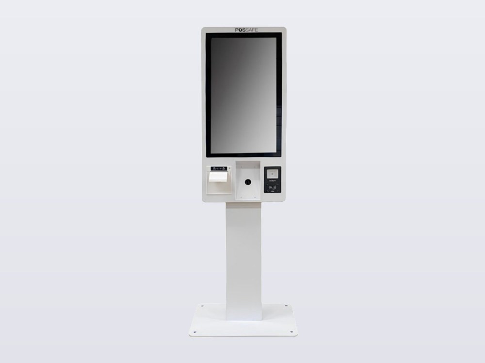 Possafe 32 inç self servis kiosk, dikey dokunmatik ekran, barkod okuyucu ve termal yazıcı