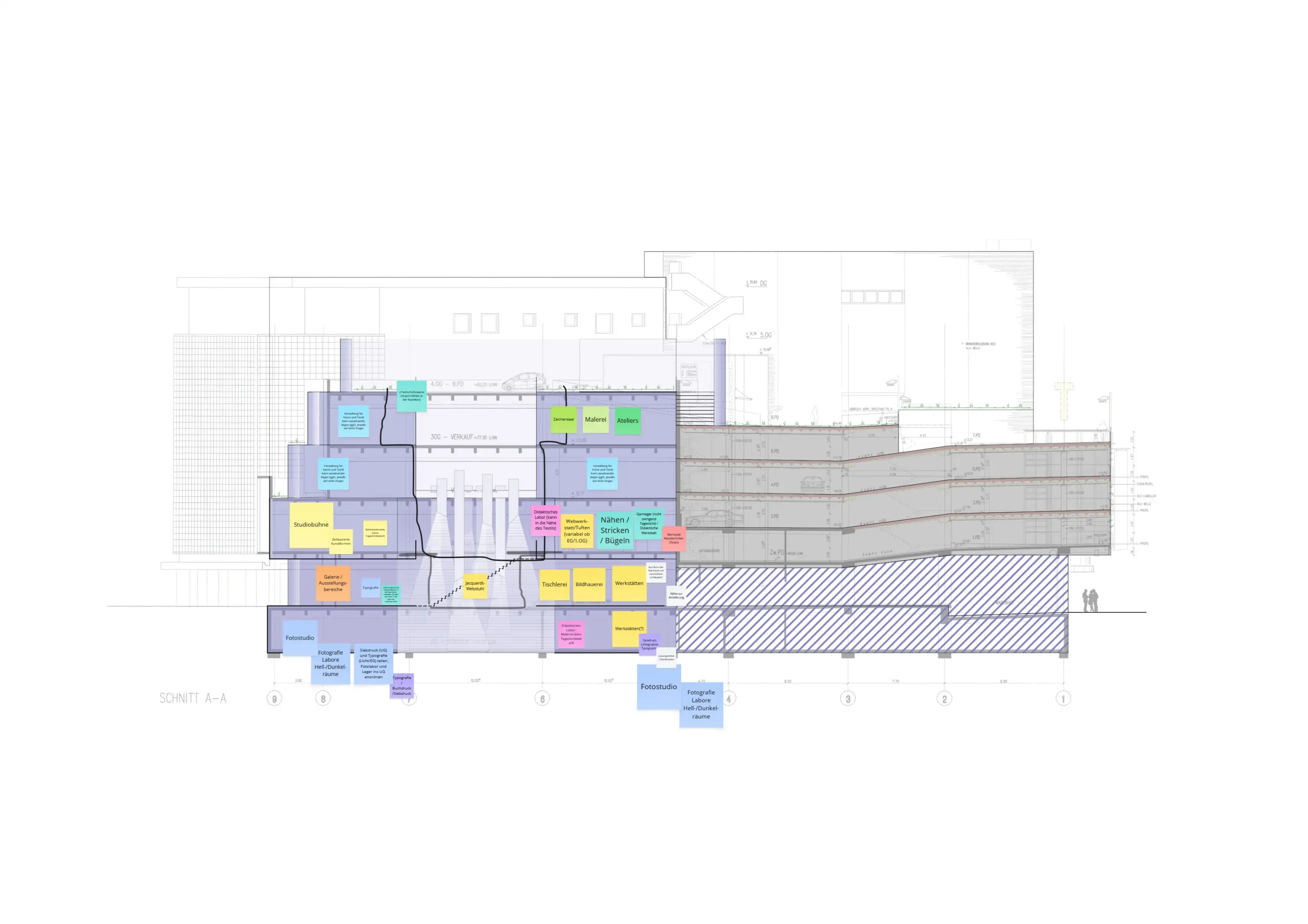 Isometrische Zeichnung eines Bauprojekts mit mehreren Gebäuden und markierten Strukturen in Rot