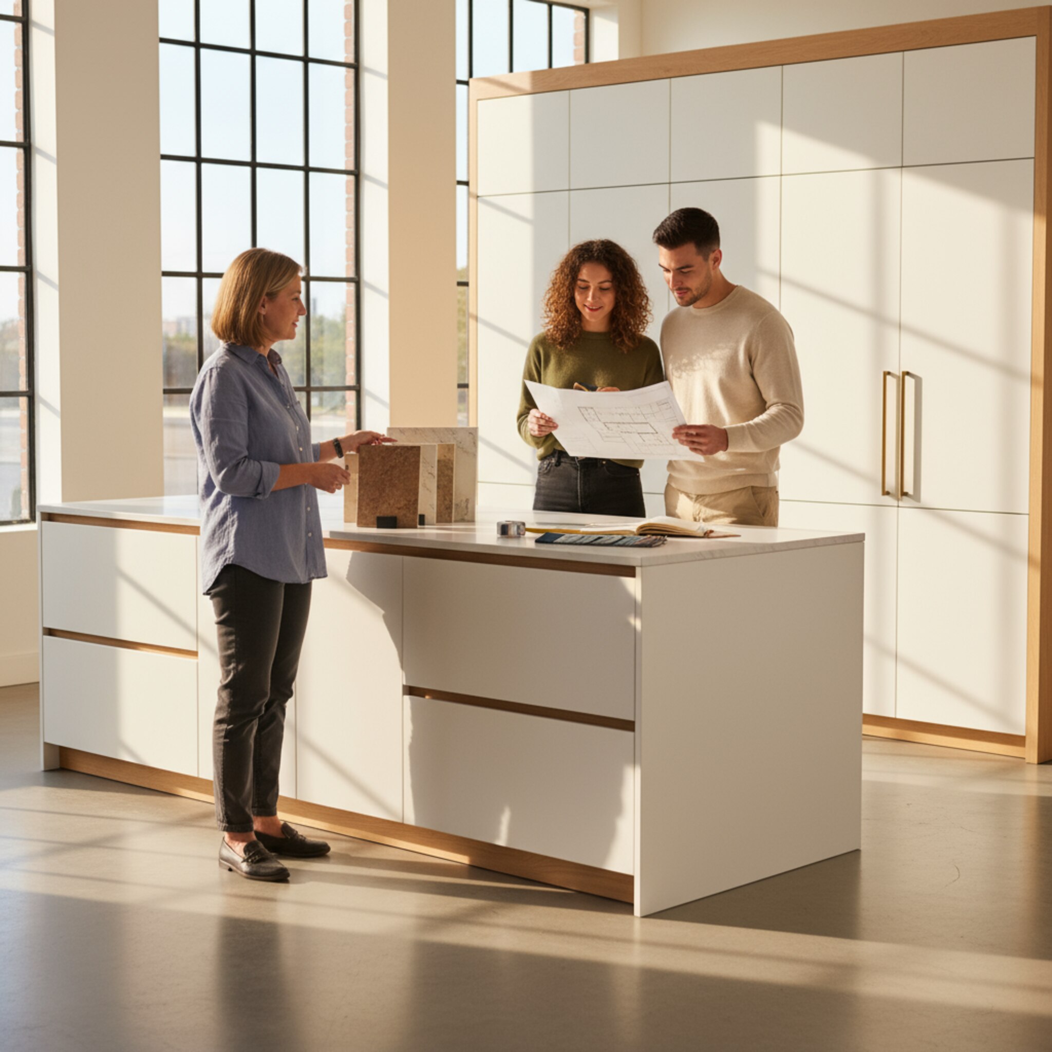 Morgensonne fällt durch große Fenster auf eine Inselküche im Showroom. Eine Beraterin legt Muster von Arbeitsplatten neben mattweiße Fronten. Ein Paar vergleicht Griffe und hält eine Skizze daneben. Auf dem Tisch liegen Maßband und Farbkarten. Die Atmosphäre ist ruhig und konzentriert.