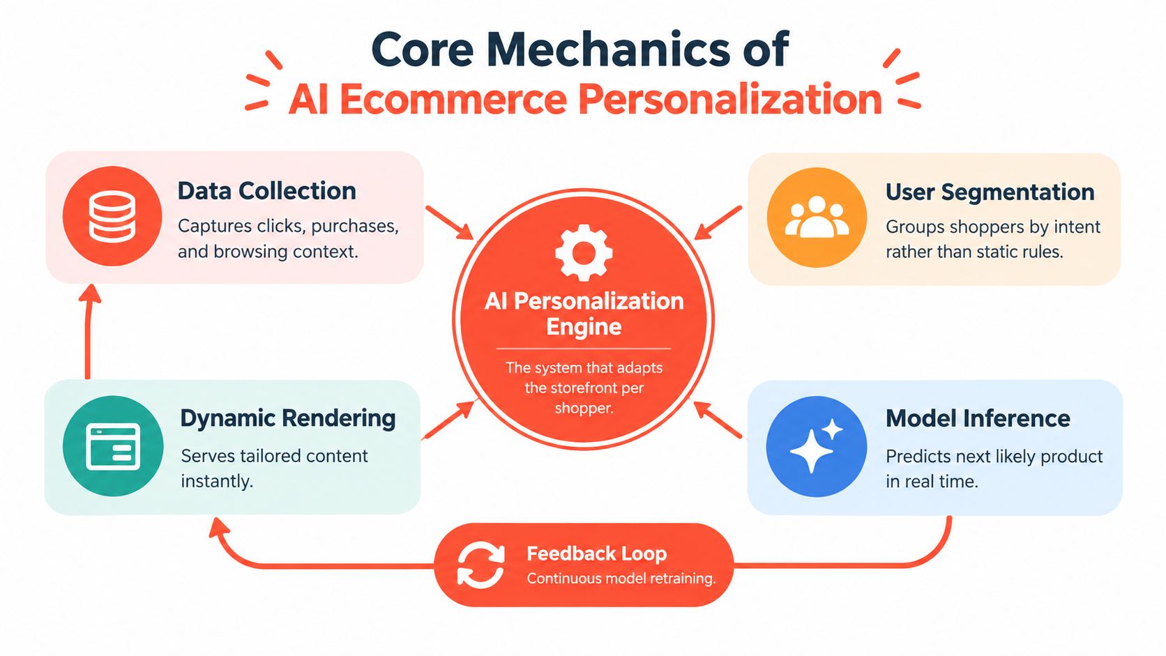 A diagram illustrating the core mechanics of AI-driven ecommerce personalization, including data collection, segmentation, inference, rendering, and feedback.
