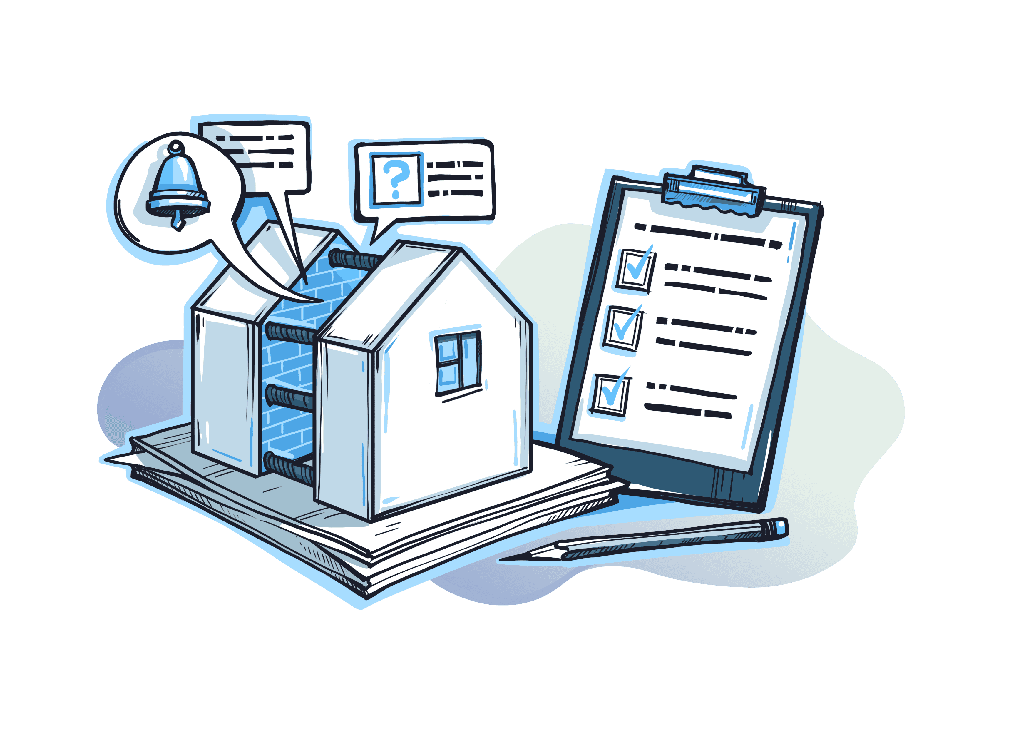 Illustration of a house with notification bubbles above it and a checklist