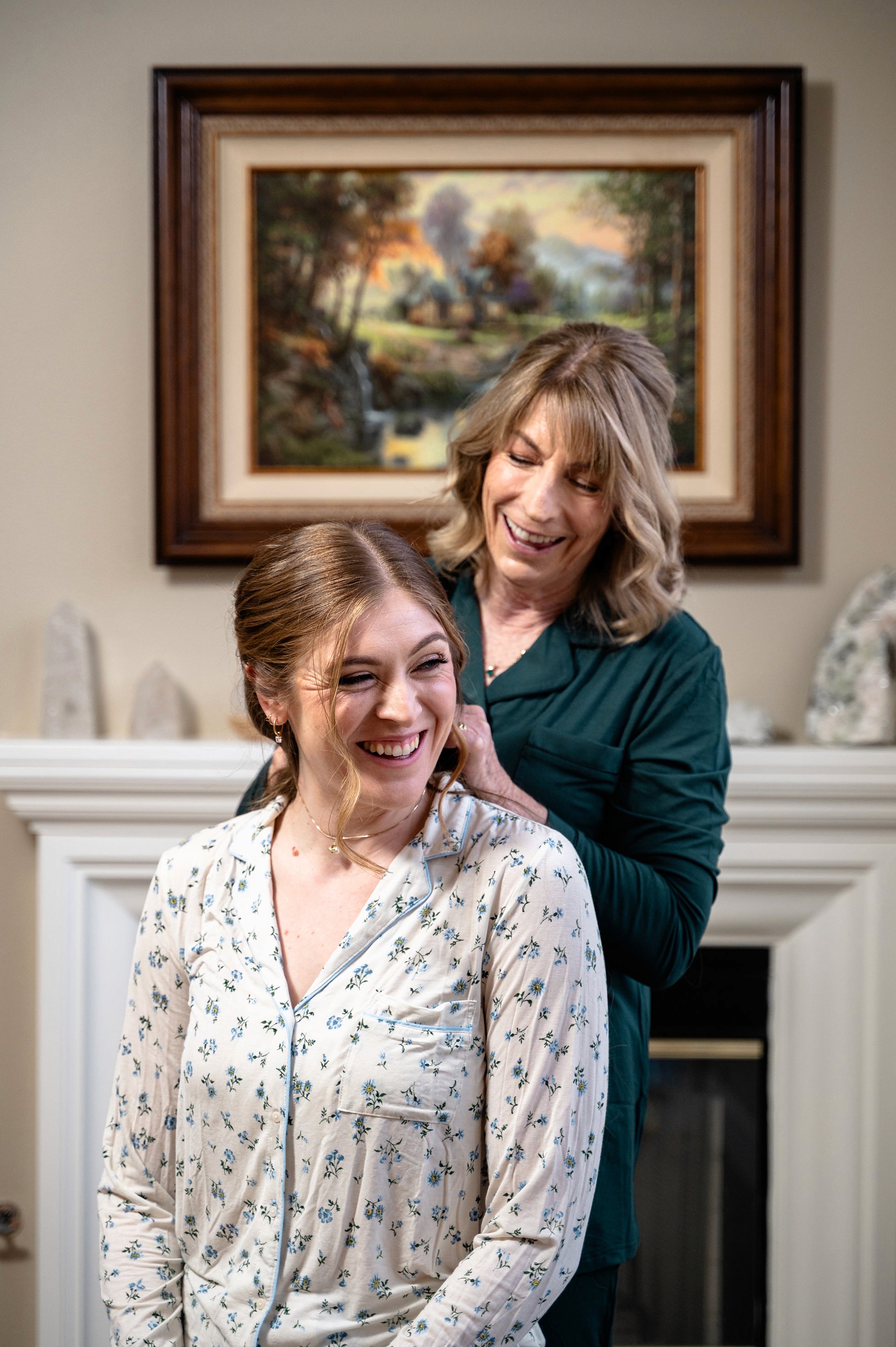 Flat lay wedding details with bouquet, rings, and sparkling bridal heels