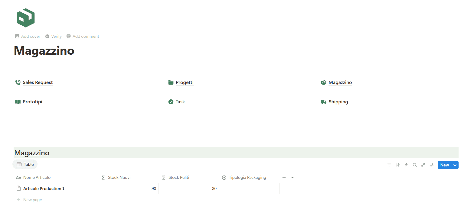Pagina del magazzino