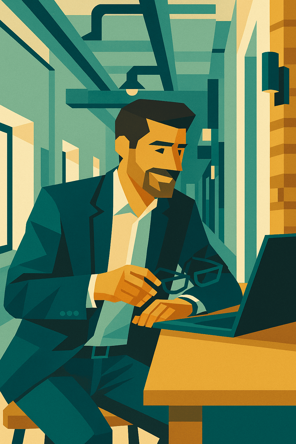 Giovane professionista sorride durante una videocall al laptop, seduto a un tavolo moderno con giacca informale e occhiali in mano, in un ambiente luminoso e contemporaneo.