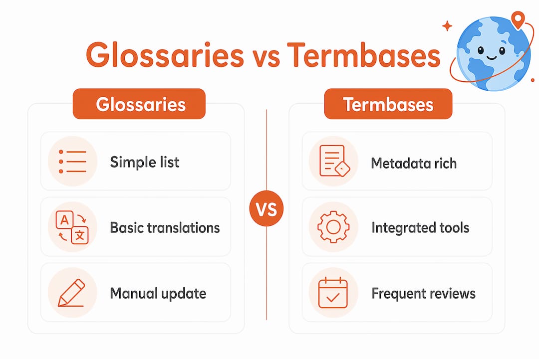 Infographic comparing glossaries and termbases for translation terminology