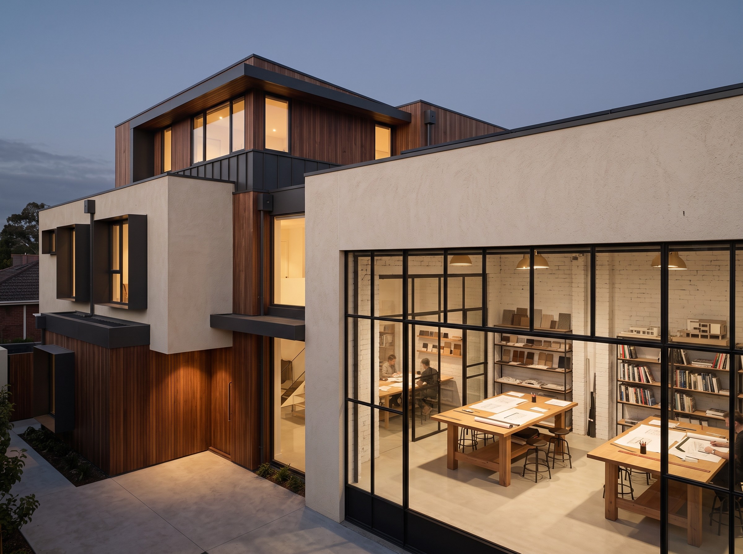 A wide aerial/exterior shot of a minimalist residential building at dusk with warm interior light glowing
