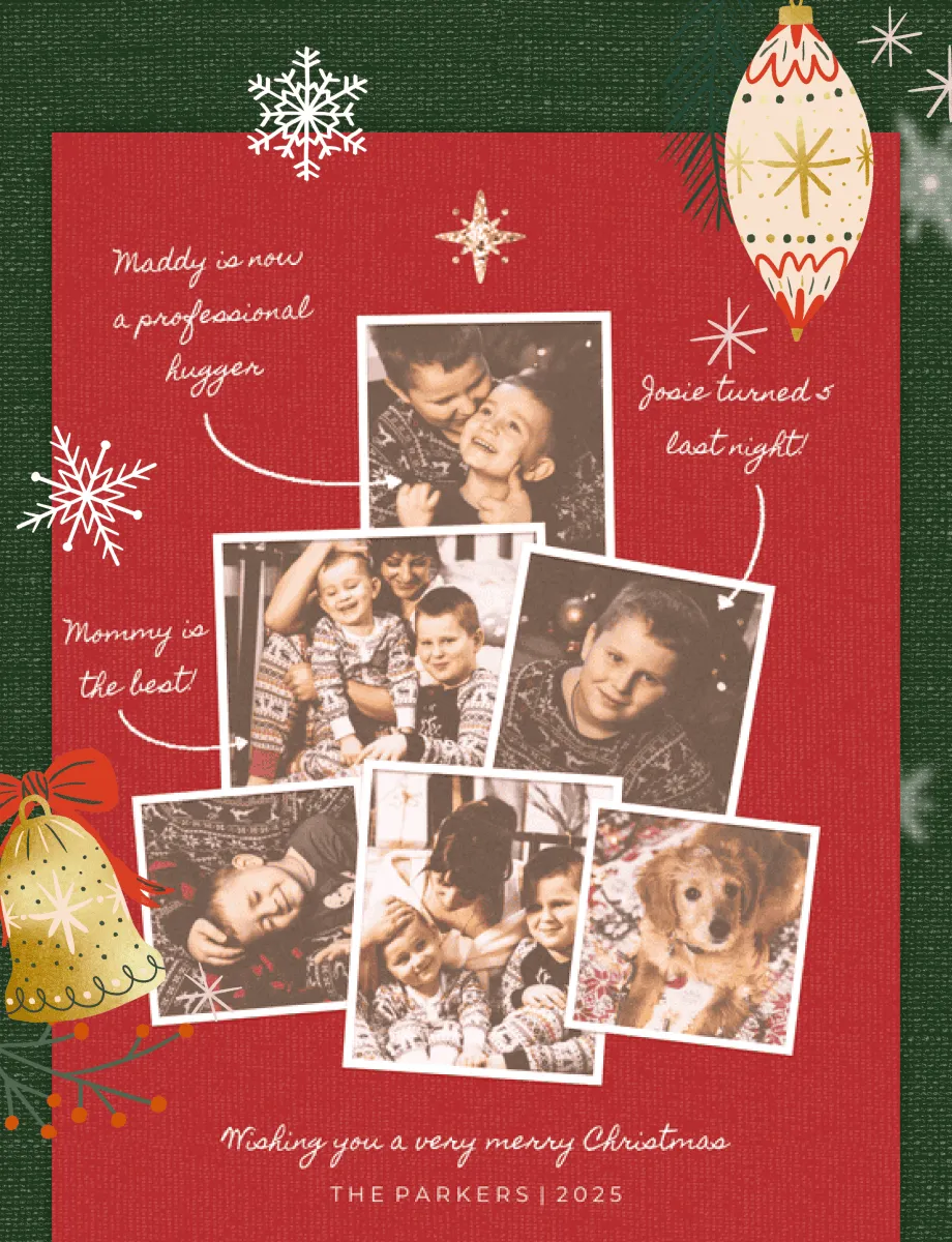 Holiday card template shaped like a Christmas tree with snowflake overlays being added in PicCollage