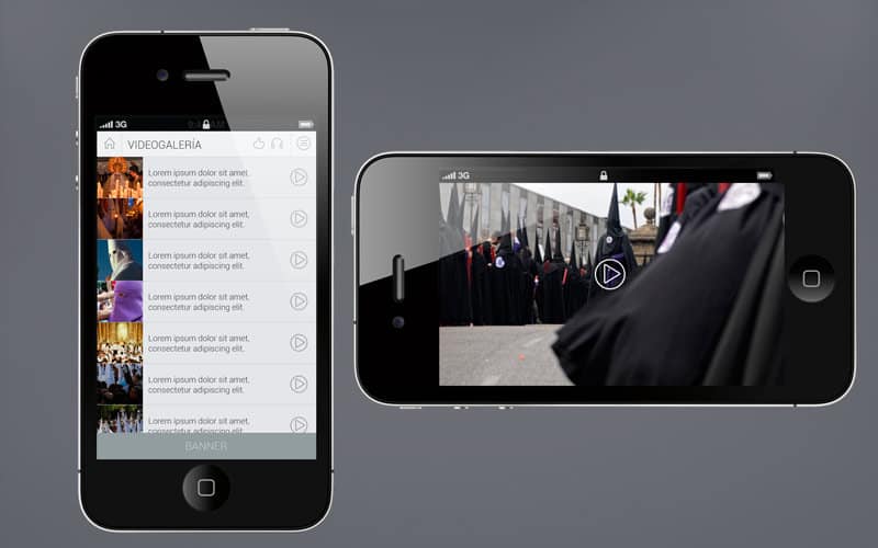 Aplicación móvil de galería de videos con diseño elegante y funcional en teléfonos inteligentes.