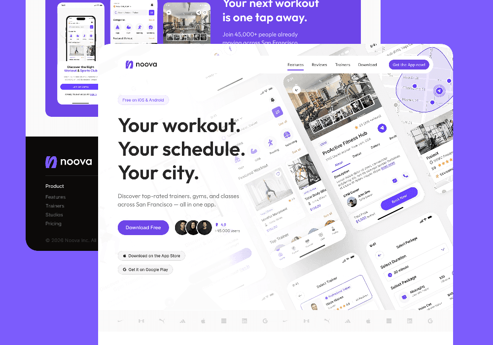 Site e app Noova para busca de treinos, academias e personal trainers - projeto do Studio Responsivo