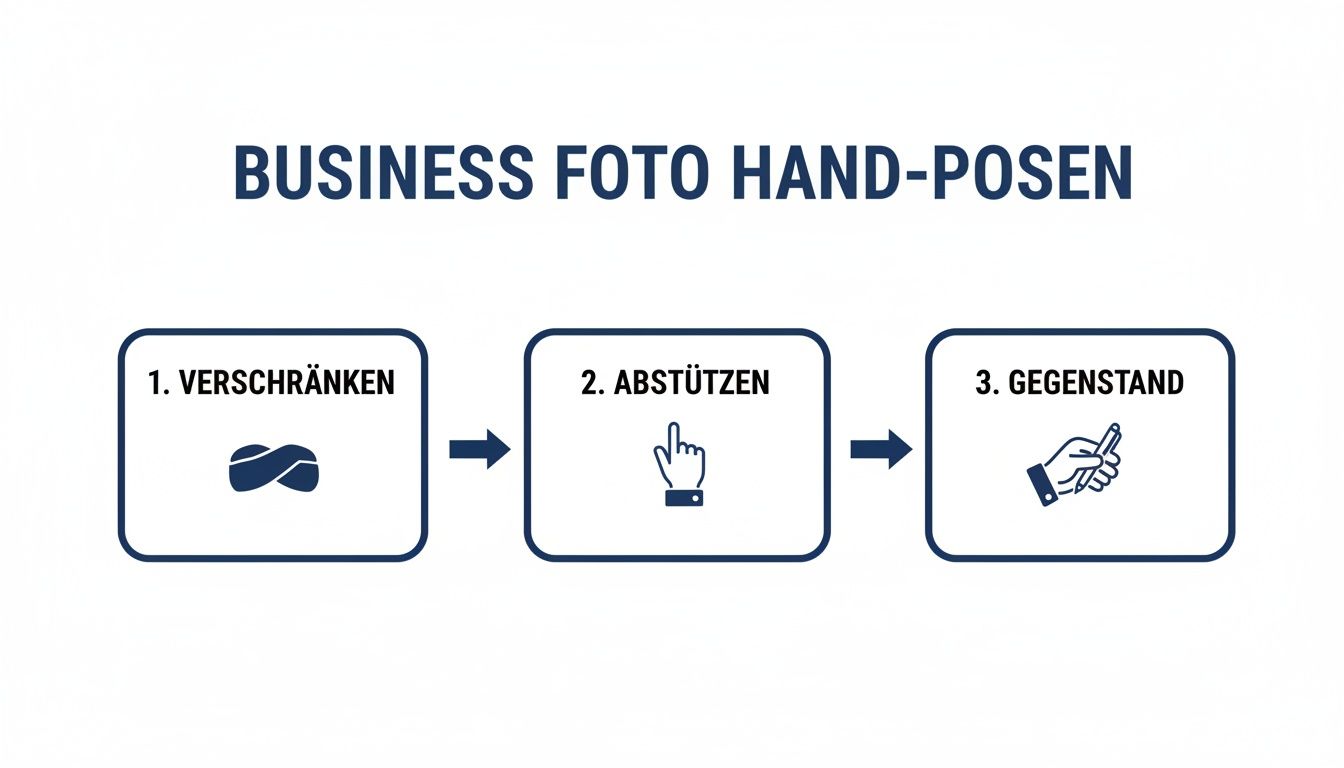 Das Diagramm zeigt drei professionelle Handposen für Business-Fotos: verschränkte Hände, abstützende Hand und Halten eines Gegenstands.