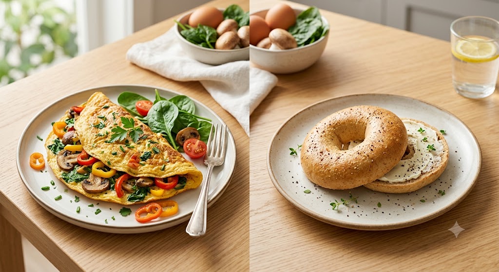 On the left, a vibrant egg white and whole egg omelet filled with spinach, cherry tomatoes, and red peppers on a ceramic plate with a side of raw ingredients. On the right, a seeded bagel topped with cream cheese, fresh dill, and black pepper on a rustic plate, next to a glass of lemon water. Both sit on a light wood table with natural window lighting, perfect for a balanced diet and weight-loss guide.
