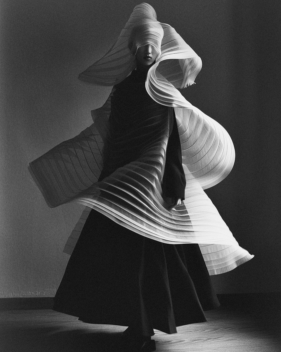 Black-and-white fashion portrait of a figure wrapped in sculptural flowing ribbons.