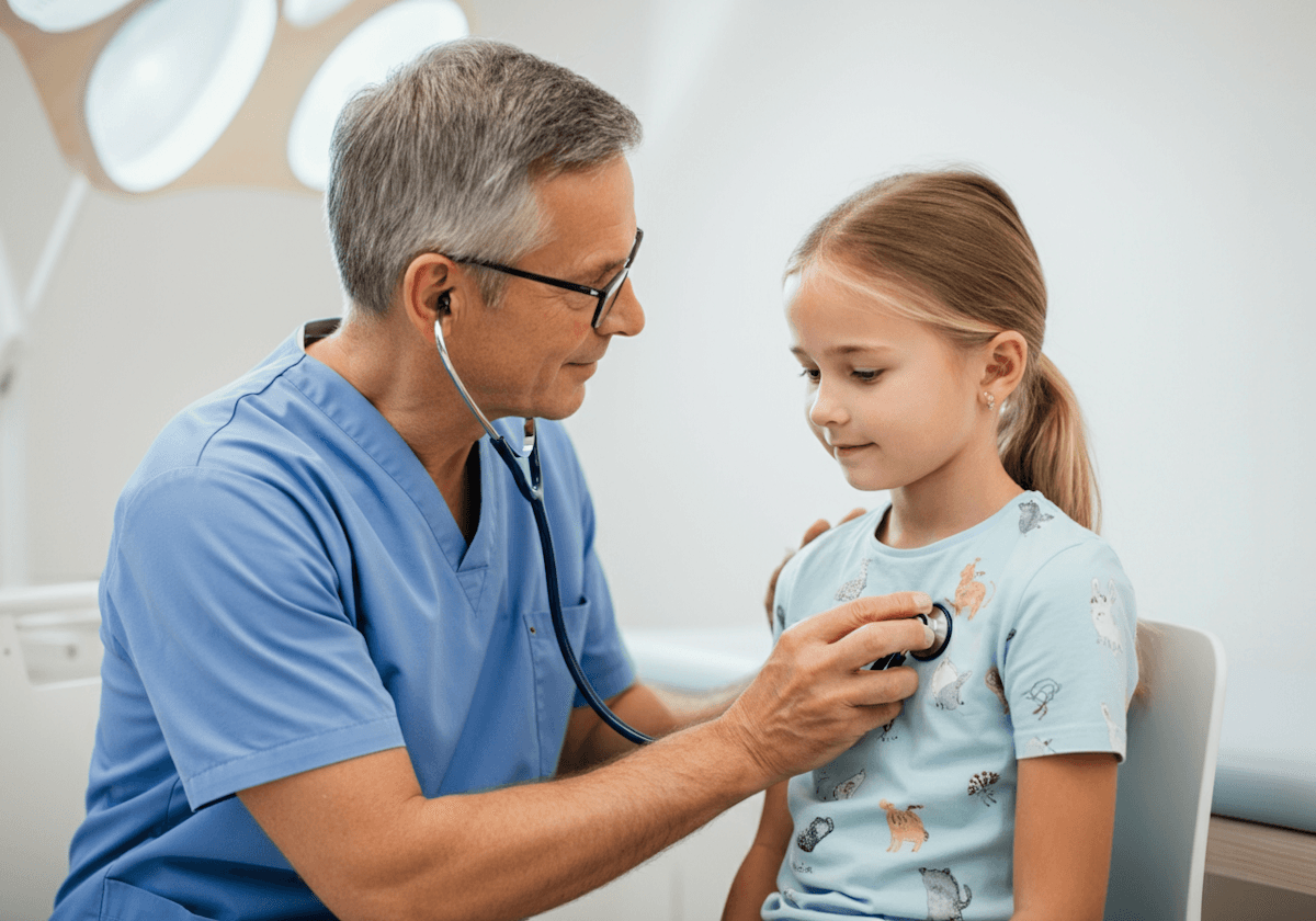 A doctor in blue scrubs uses a stethoscope to examine a young girl in a medical office. The girl wears a light blue shirt with animal prints.