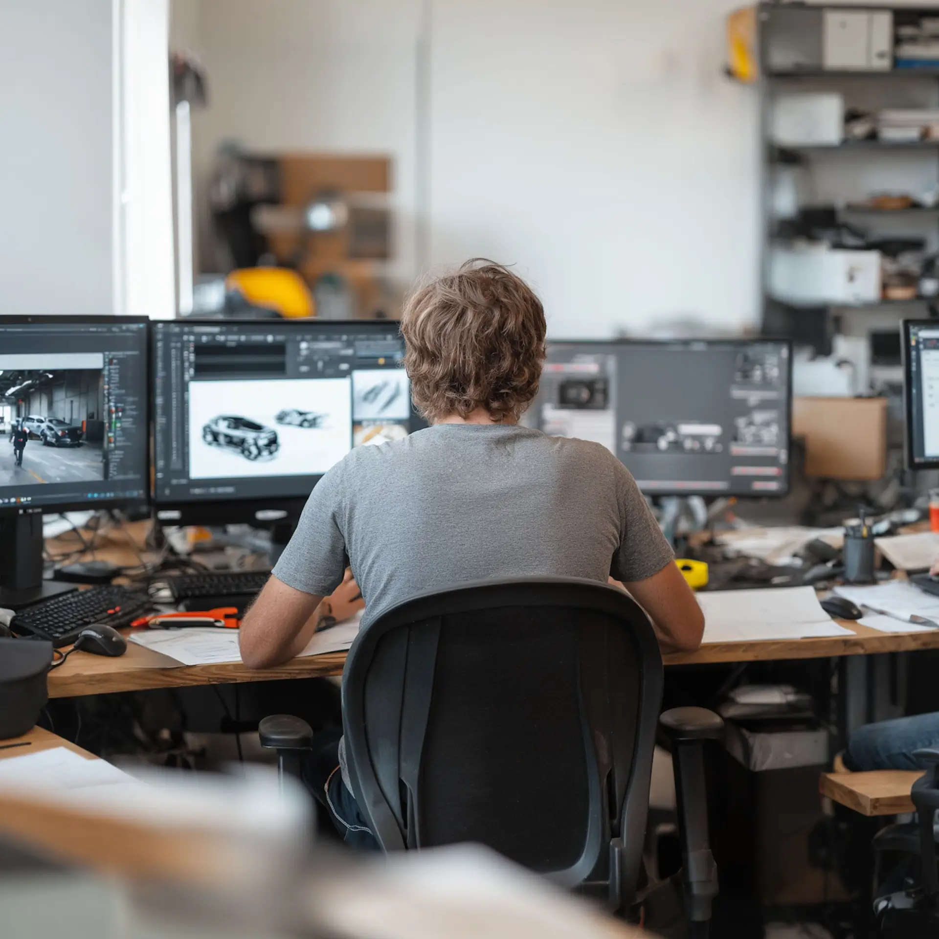 A person working at a desk with multiple monitors, editing car designs.