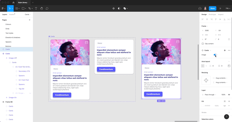 Figma file showing a card image being switched on and off using a variant configuration