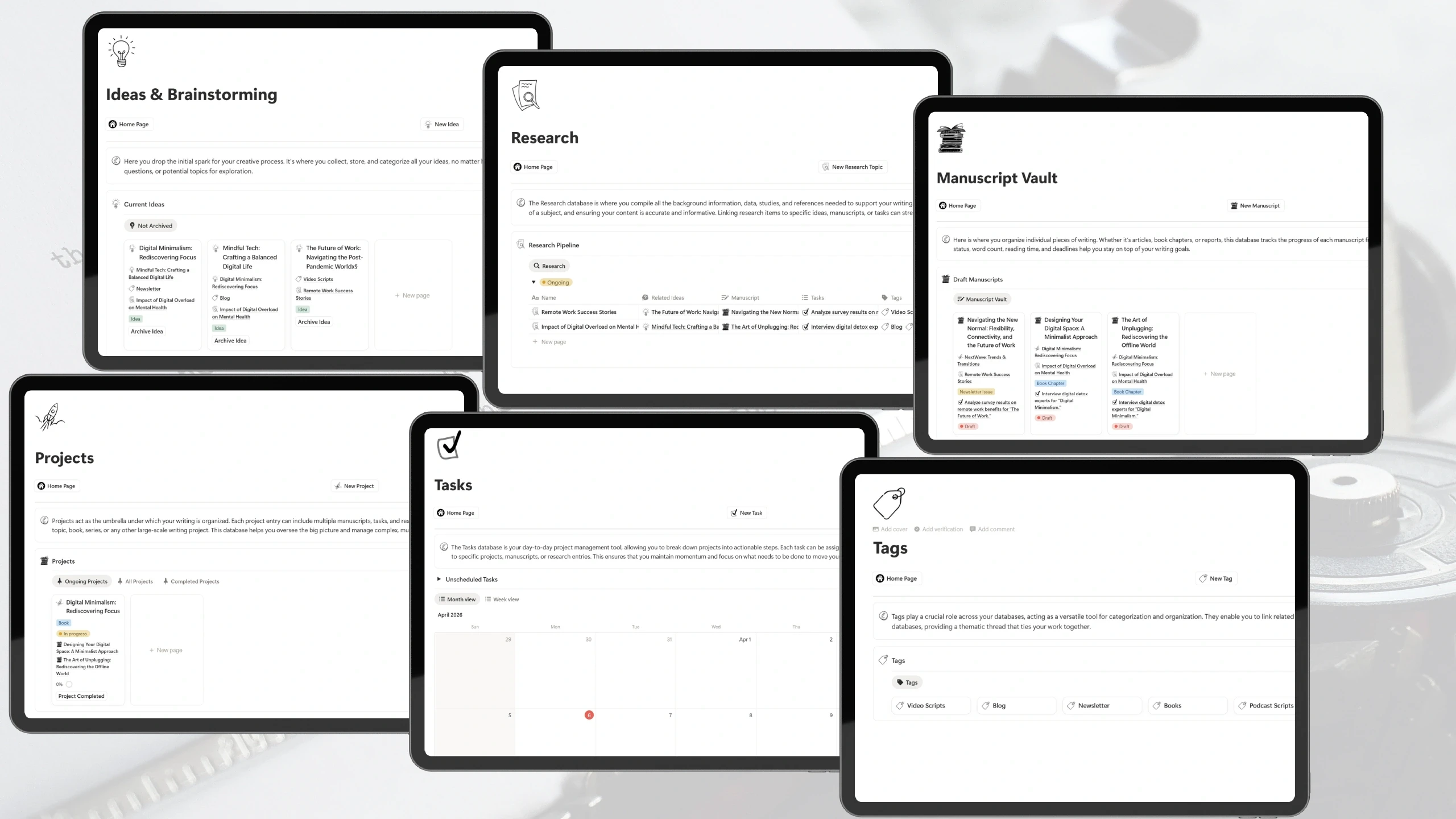 Screenshot of the Ideas Bank section in the WriteFlow Studio Notion template showing categorized creative ideas for future projects