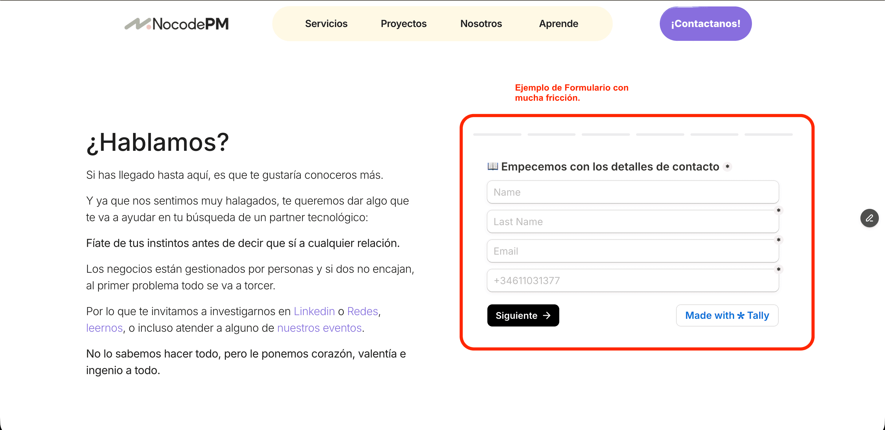 Ejemplo de formulario de contacto con Fricción | NocodePM