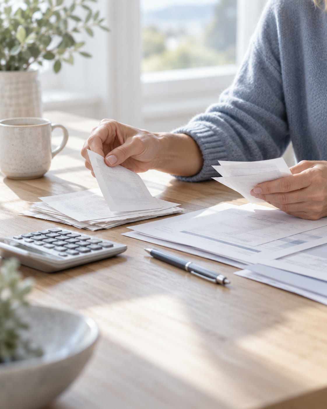 Hands sorting receipts and forms on a pale desk