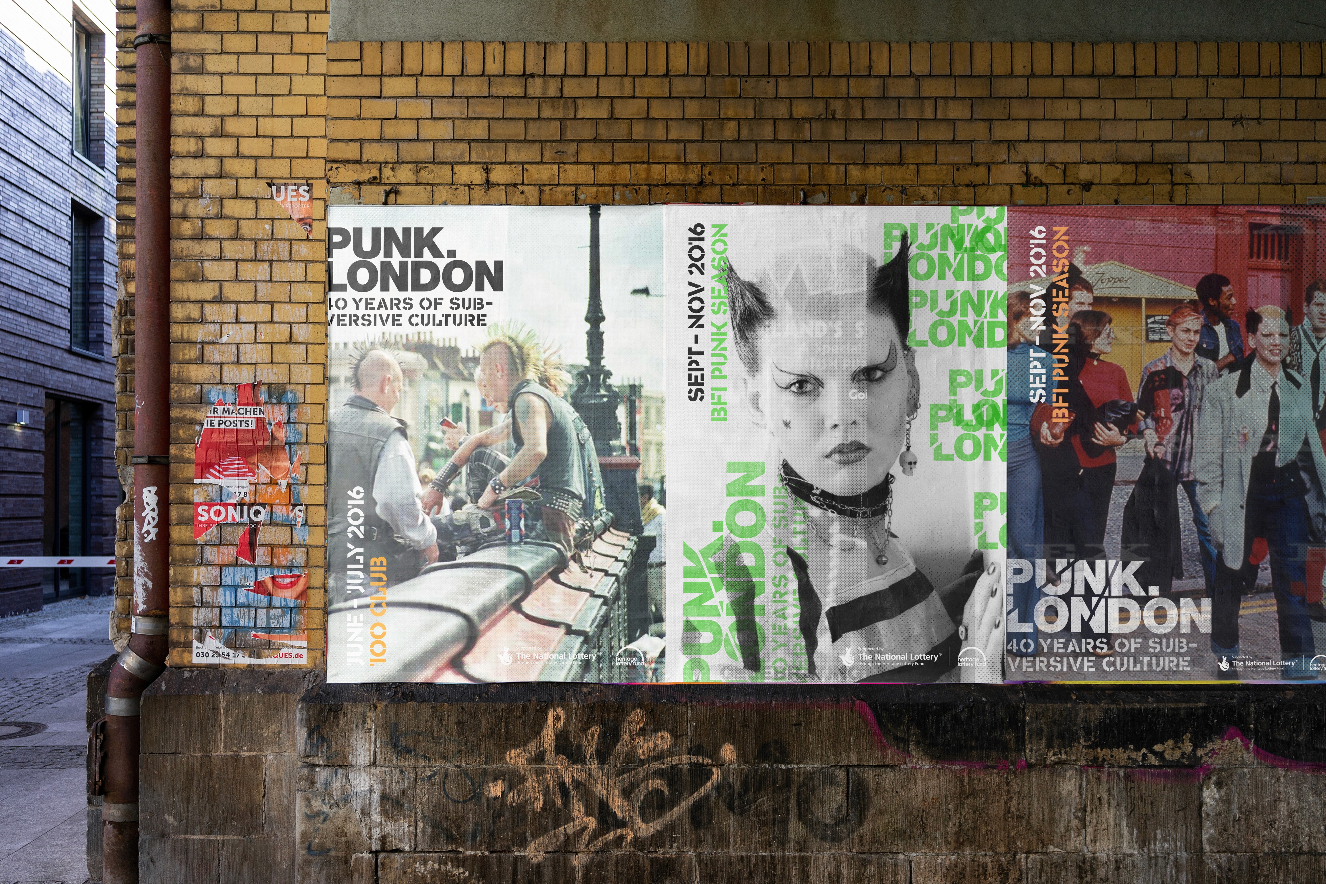 Wall featuring colorful street art posters, celebrating 40 years of Punk.