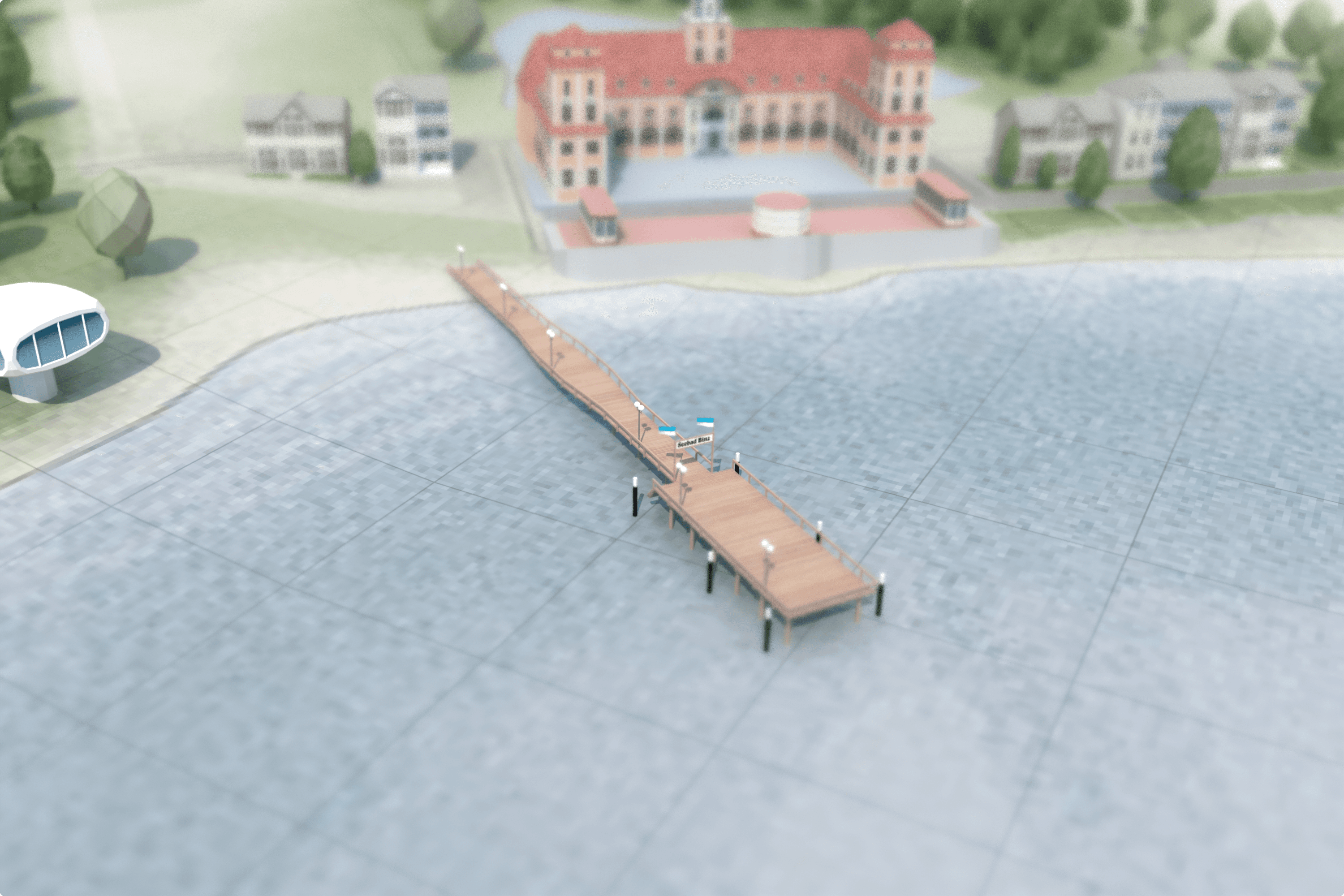 Wooden pier with lamps extending into water