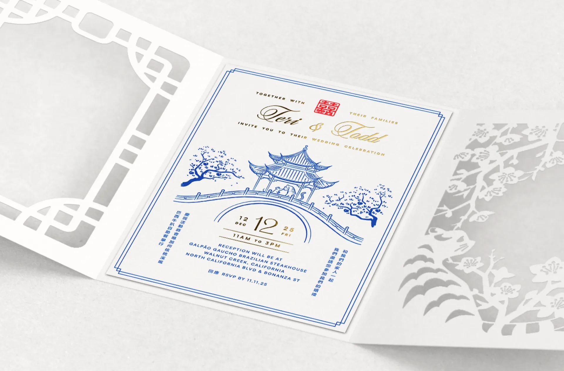 Tri-Fold wedding brochure featuring decorative, laser cut side panels and center invitation card with chinese-porcelain-inspired illustration