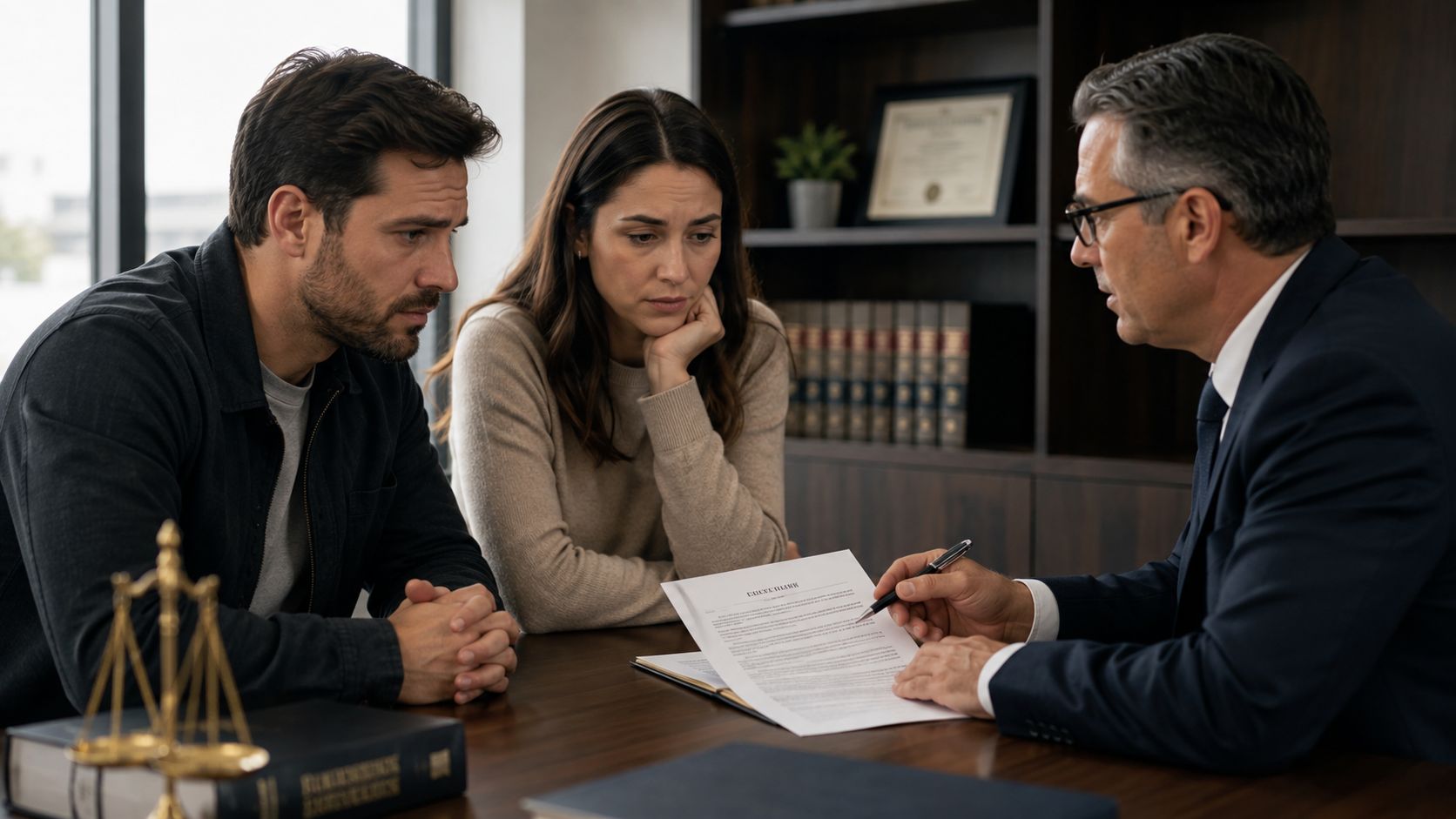 A couple consulting with their attorney in a professional office about a serious legal charge.