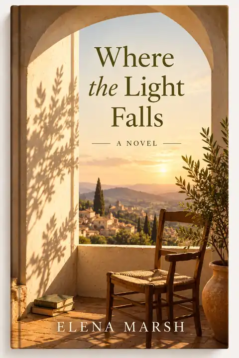 Cover of Where the Light Falls by Elena Marsh: an arched balcony with a wooden chair looking over a hill town at sunset