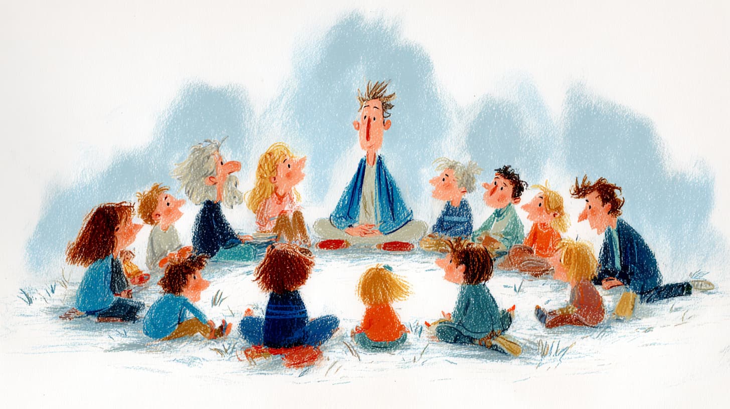 Illustration mehrerer Familien im gemeinsamen Klang-Kreis – entspannte Gruppe, sanfte Schallwellen, Atmosphäre von Verbundenheit und Ruhe.