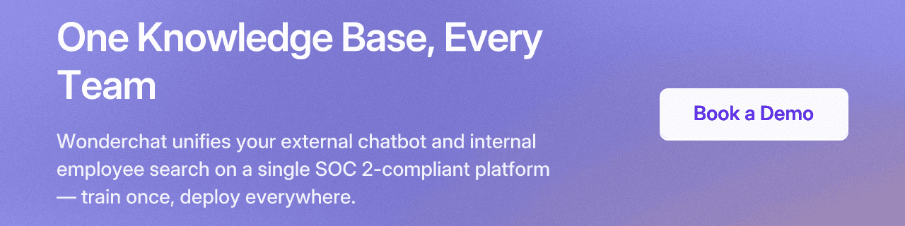 One Knowledge Base, Every Team. Wonderchat unifies your external chatbot and internal employee search on a single SOC 2-compliant platform — train once, deploy everywhere. Book a Demo