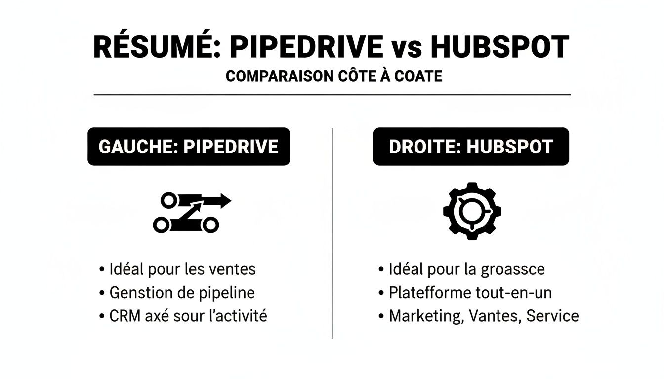 Résumé comparatif entre Pipedrive et HubSpot, détaillant leurs forces respectives pour la vente et la croissance.