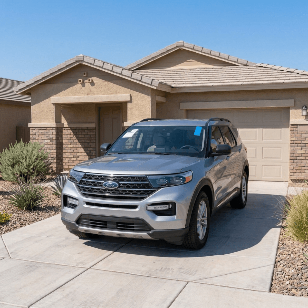 Silver Ford Explorer with a gleaming new windshield parked at a Somerton, AZ family home