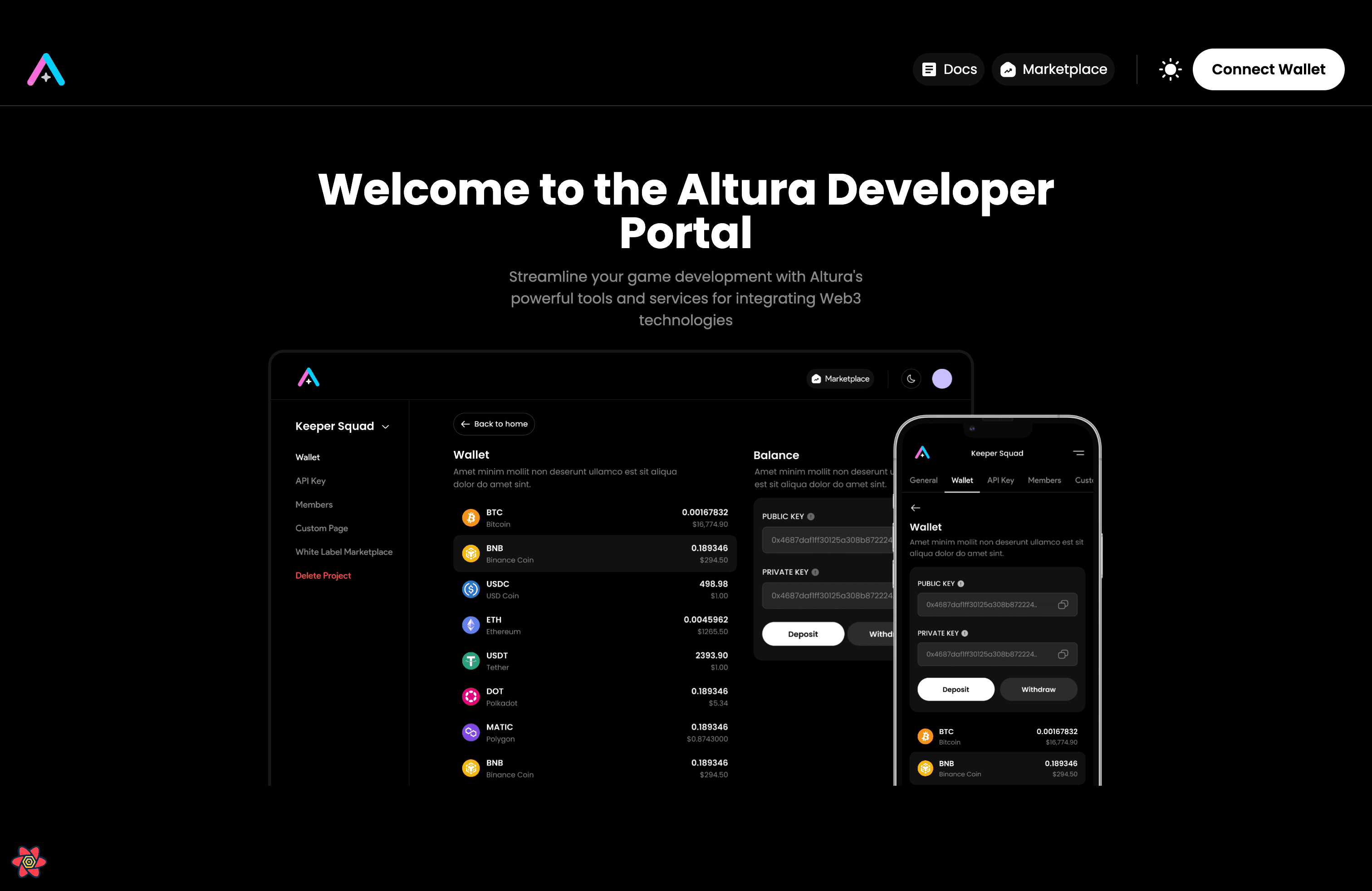 Homepage of Altura's new developer dashboard
