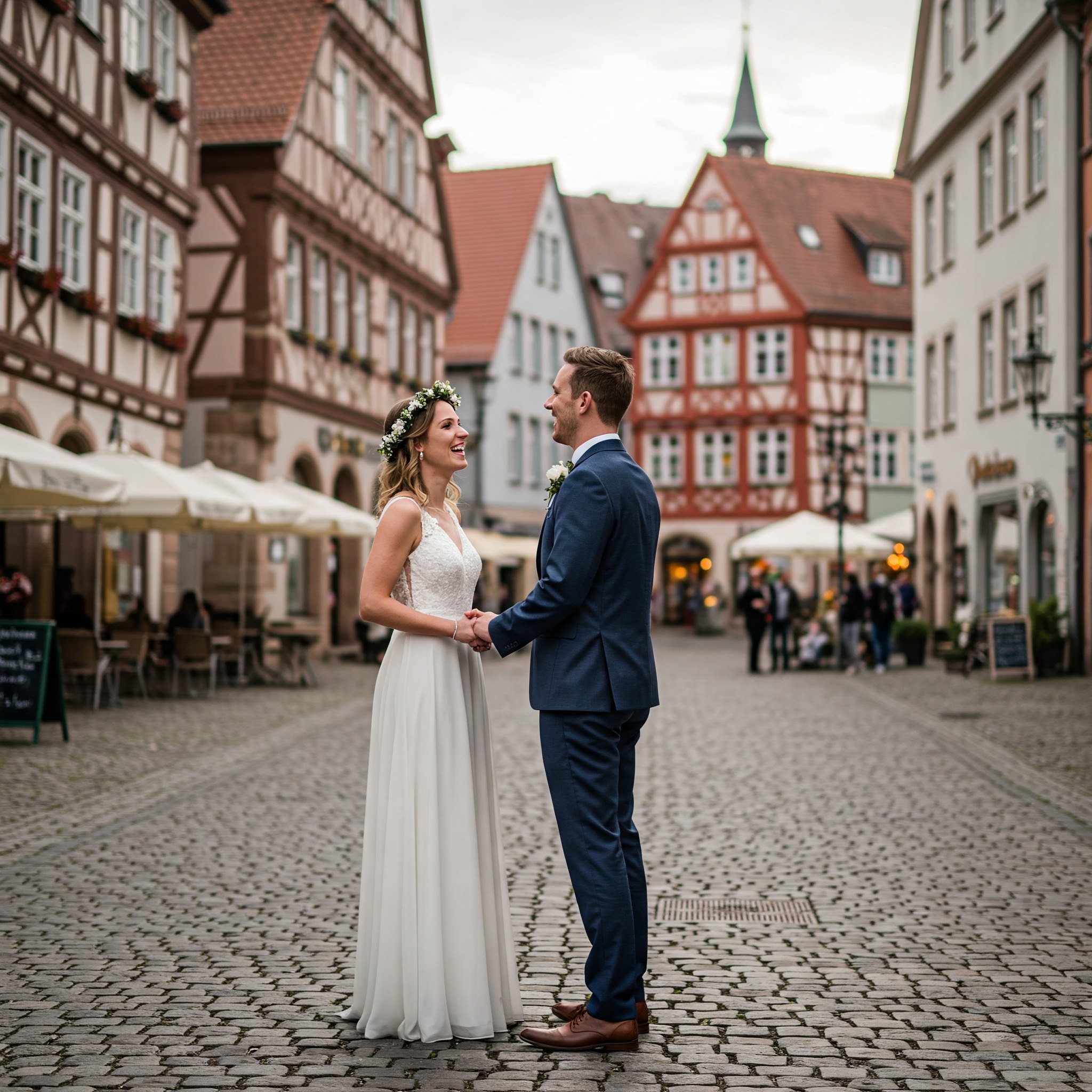 Eine Braut in einem weißen Kleid und ein Bräutigam in einem Anzug stehen vor einem historischen Gebäude und halten Händchen. Beide wirken sehr glücklich und zufrieden. Im Hintergrund sind weitere Personen zu sehen, vermutlich Gäste der Hochzeit.