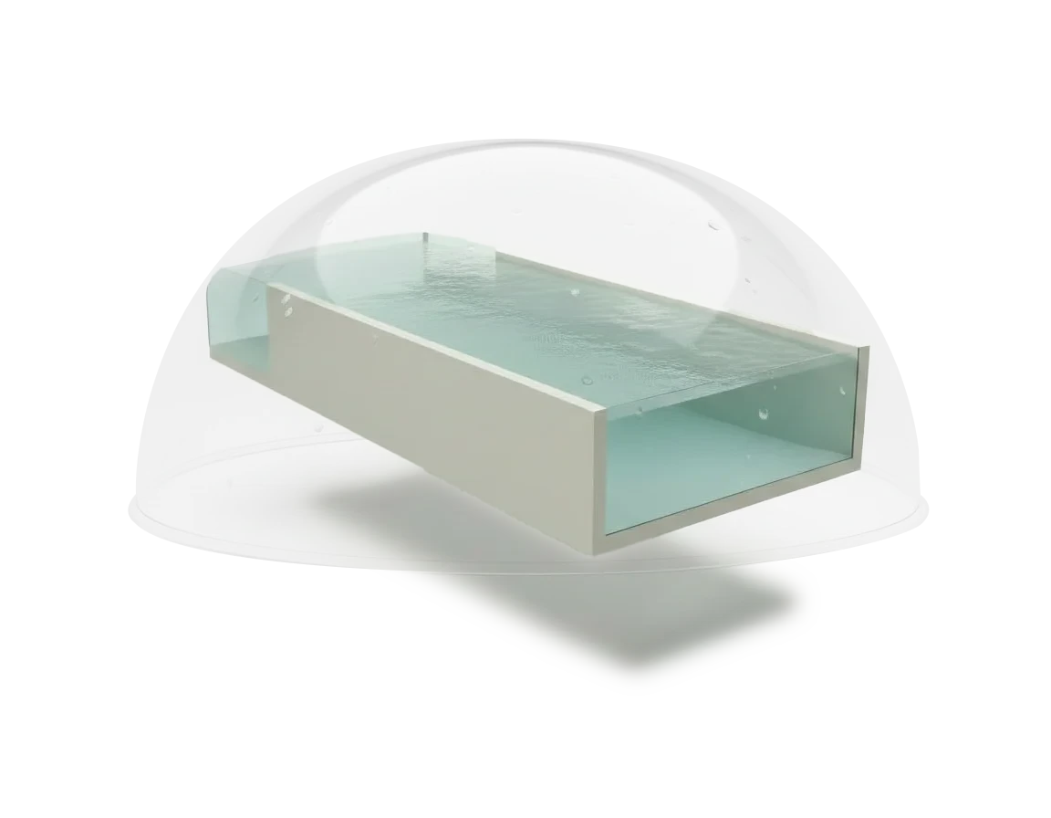 Ilustração de piscina protegida por uma redoma, representando os 20 anos de garantia Garden
