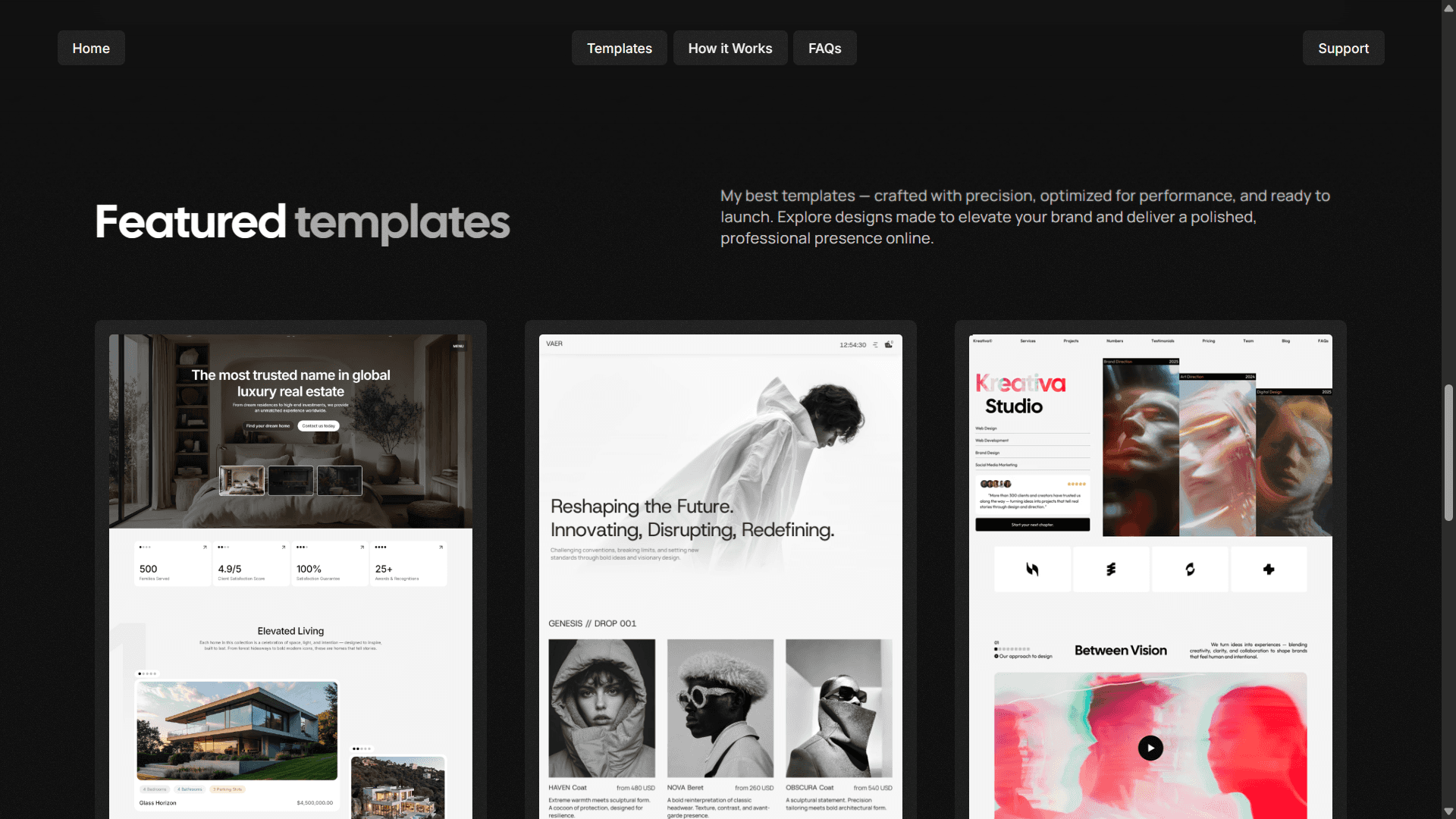 “Featured templates” section on a black background, showcasing three long vertical previews that reveal the full designs of the Real Estate, Ecommerce, and Agency templates.