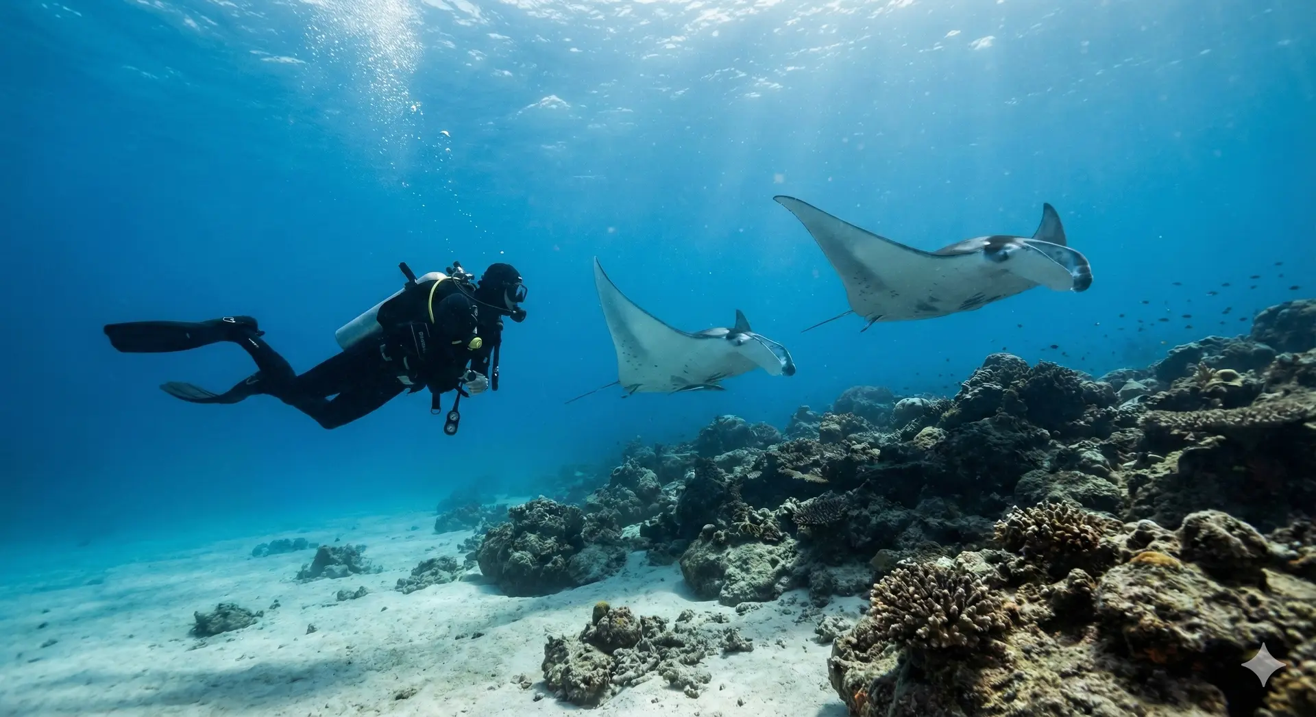 diver diving with two manta rays