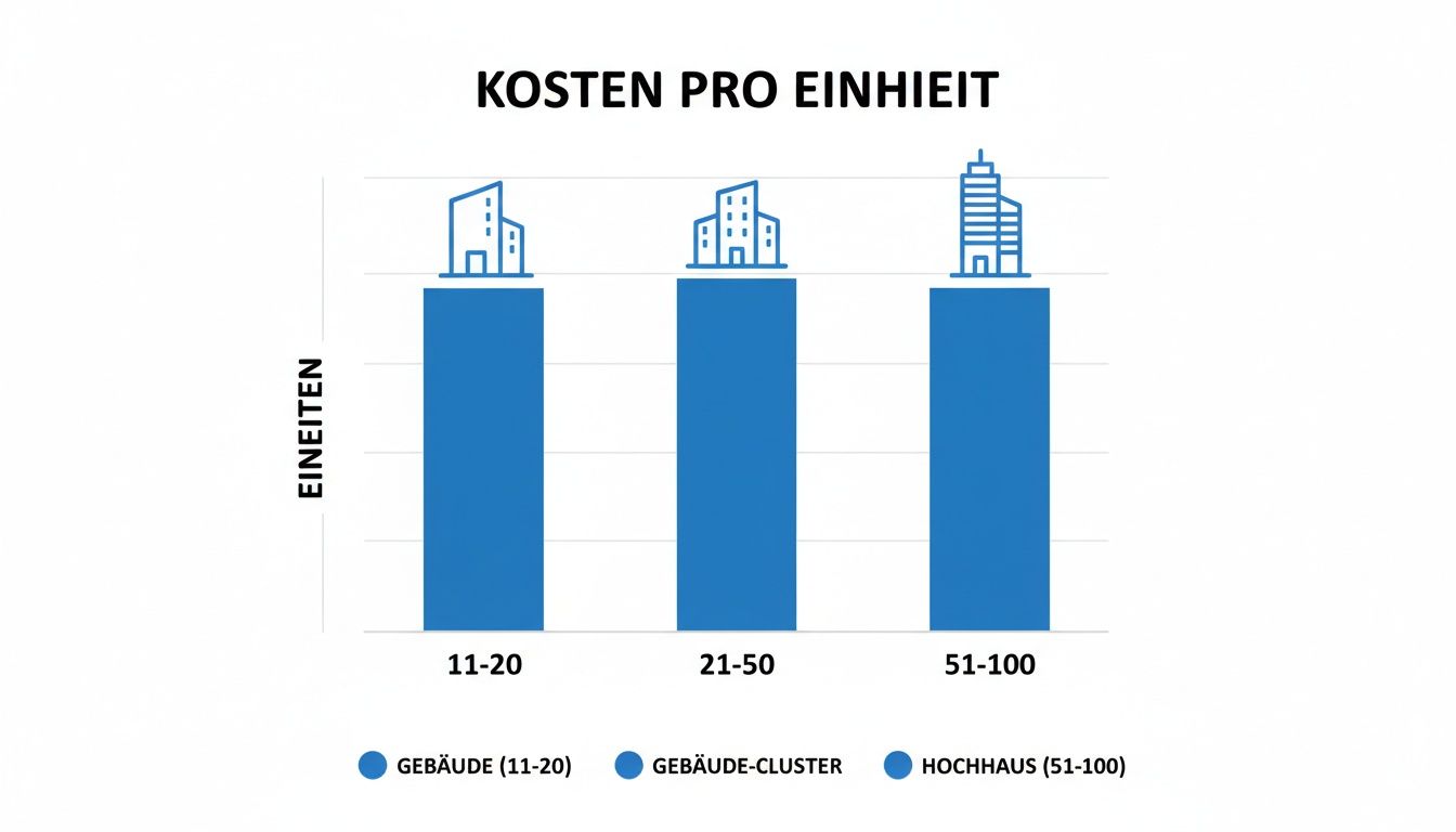 Balkendiagramm: Kosten pro Einheit für Gebäude nach Anzahl der Einheiten (11-20, 21-50, 51-100).