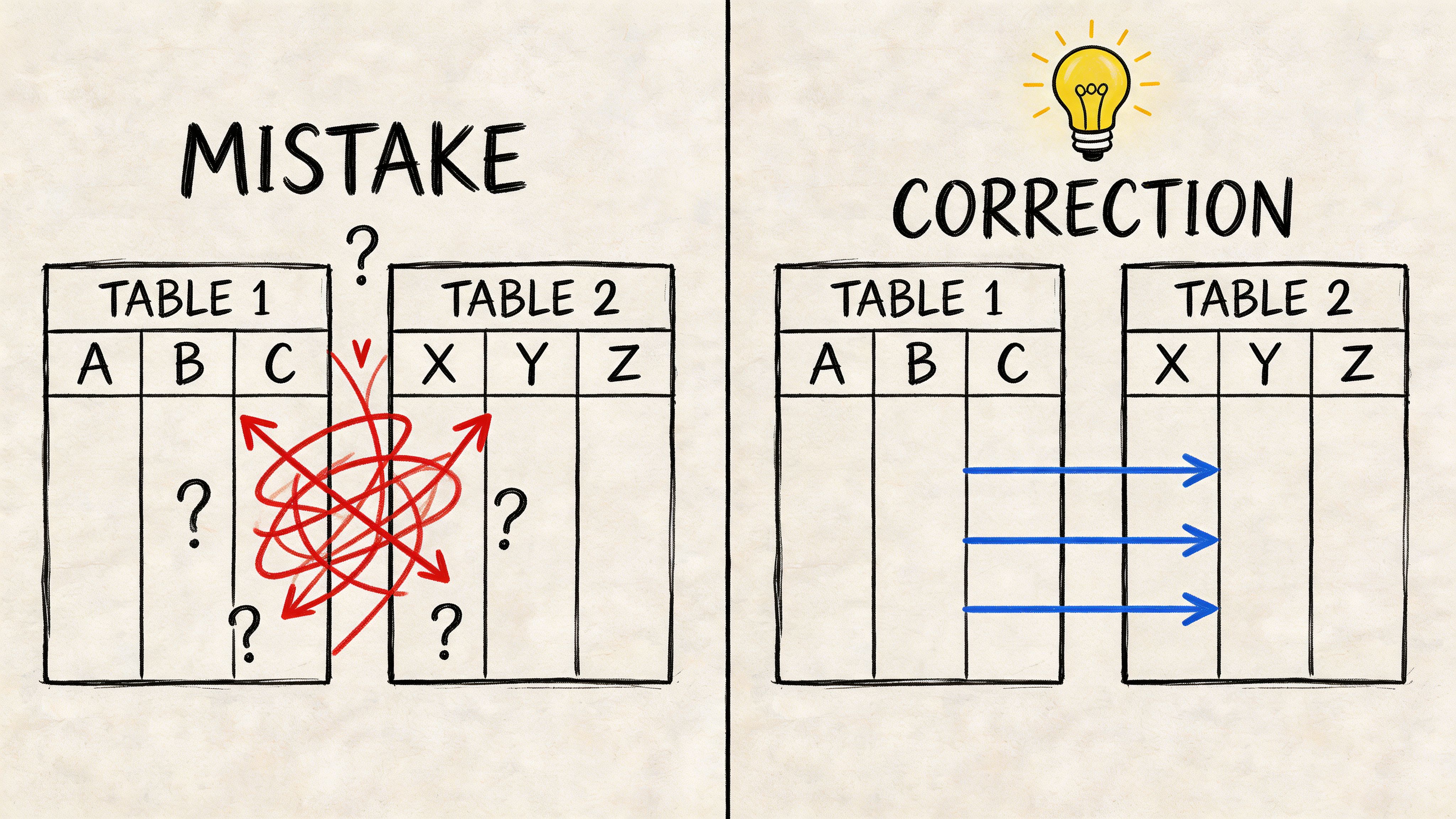 A diagram comparing a chaotic, incorrect SQL join to a clean, direct, and correct join operation.
