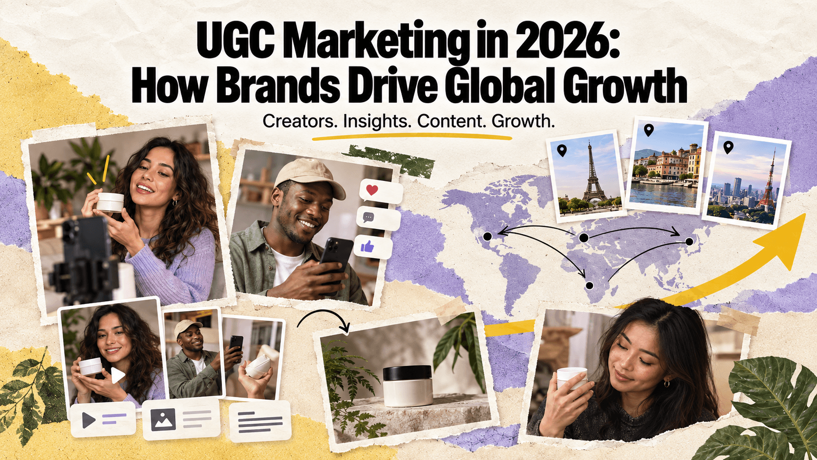 UGC marketing collage showing product creators, reusable content, and a world map illustrating international brand growth.