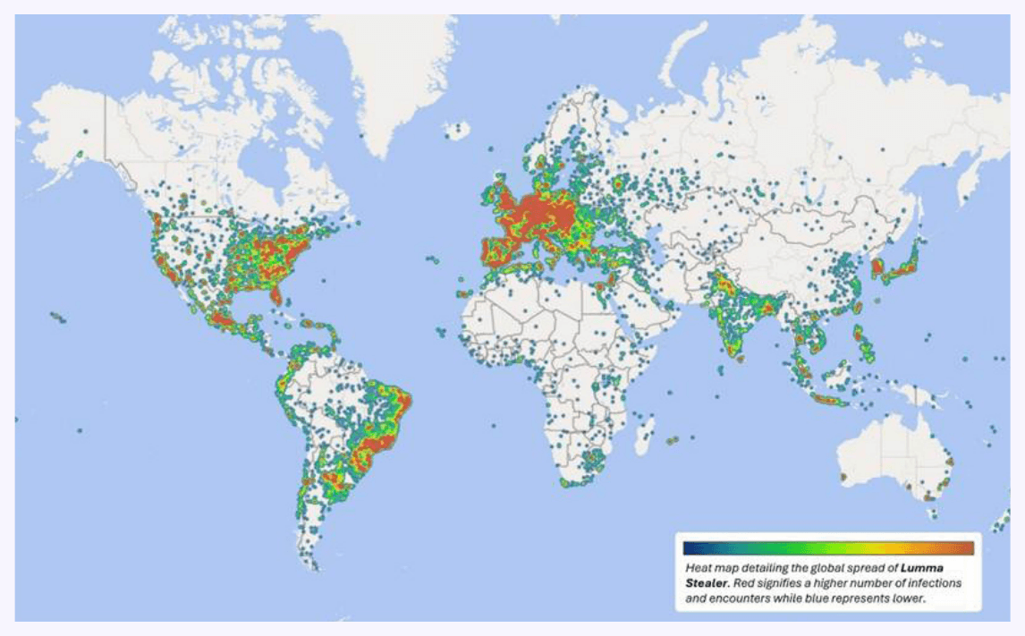 Weltweite Heatmap zur Verbreitung von Lumma Stealer, von blau (weniger Infektionen und Kontakte) bis rot (mehr). Die Schwerpunkte liegen in West- und Mitteleuropa, im Osten der USA, in Mexiko, Brasilien, Indien und Japan, mit vereinzelten Funden auf allen bewohnten Kontinenten.