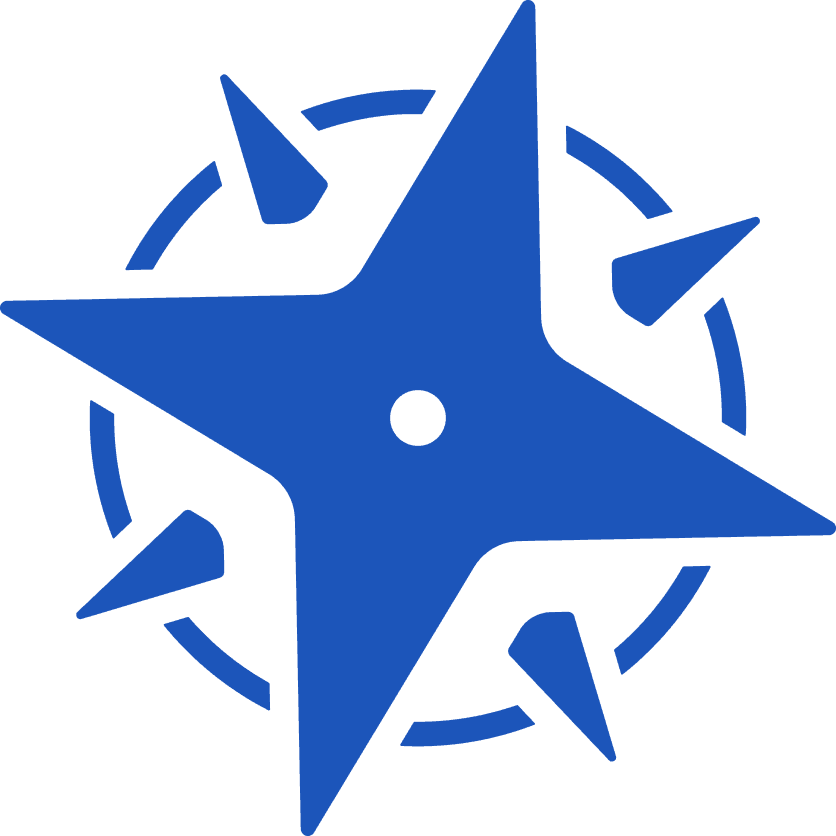 Une étoile ninja bleue à quatre branches (shuriken) est centrée dans un cercle bleu pointillé, quatre pointes triangulaires s'étendant vers l'extérieur du cercle entre les bras du shuriken.