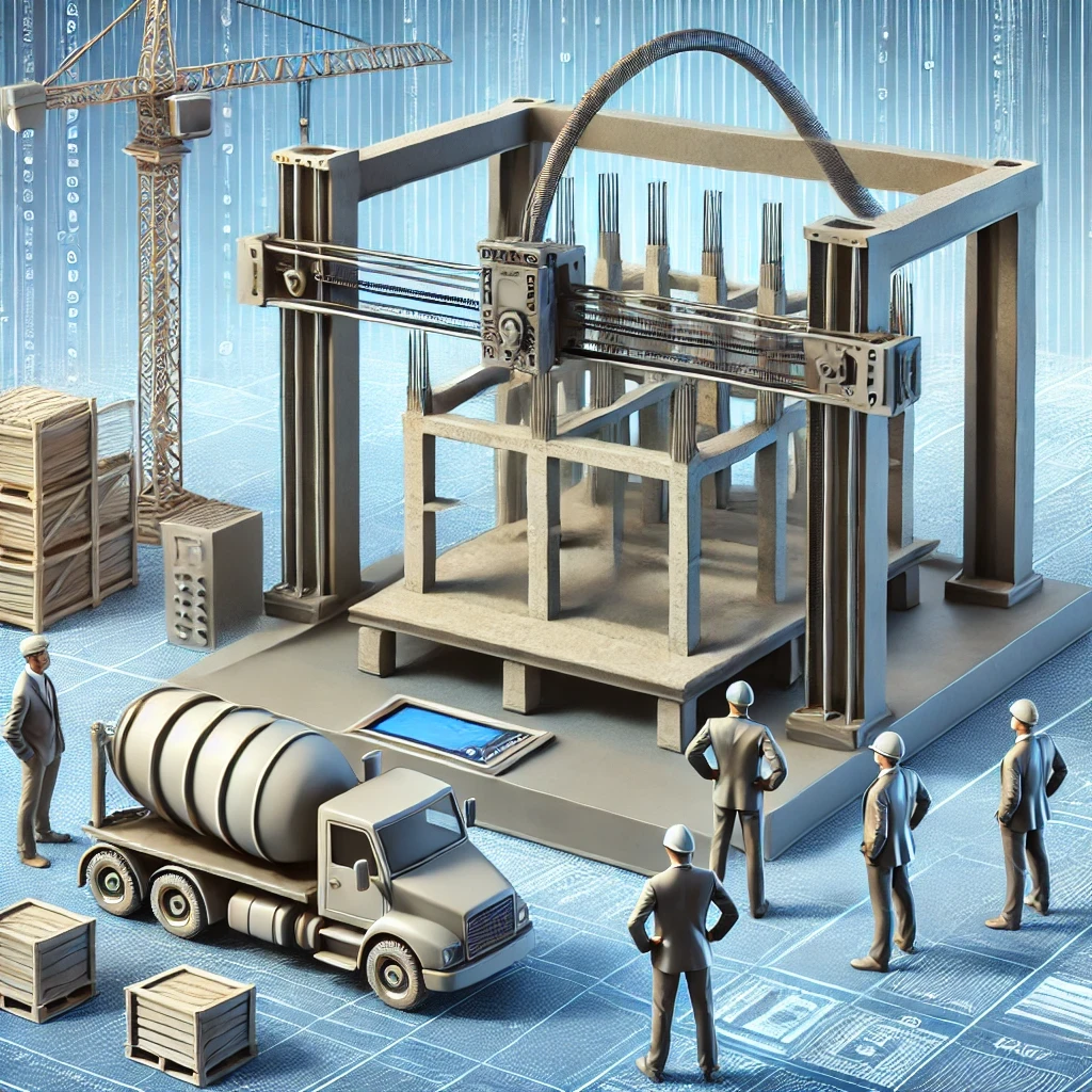 Chantier de construction avec une imprimante 3D créant une structure en béton couche par couche, illustrant les avantages et les limitations de l'impression 3D dans le BTP, tels que la rapidité de construction et les enjeux environnementaux