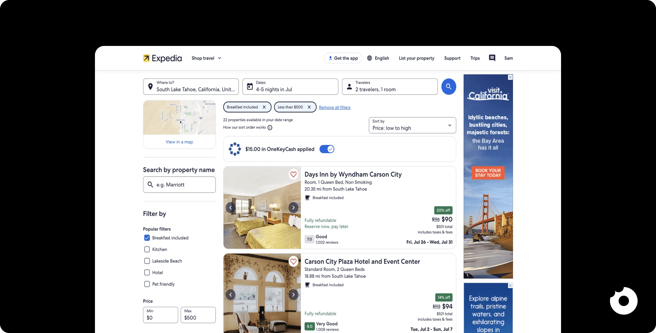 Expedia uses sidebar filters