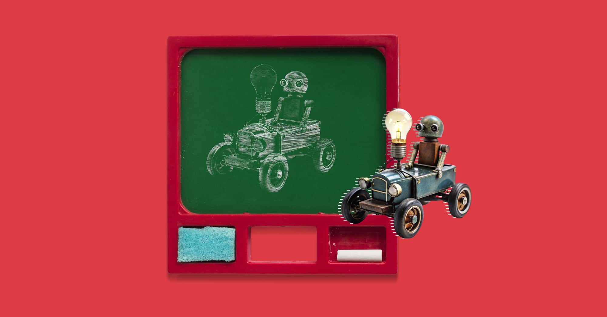 Robot en coche de juguete con bombilla en pizarra, creatividad e innovación.