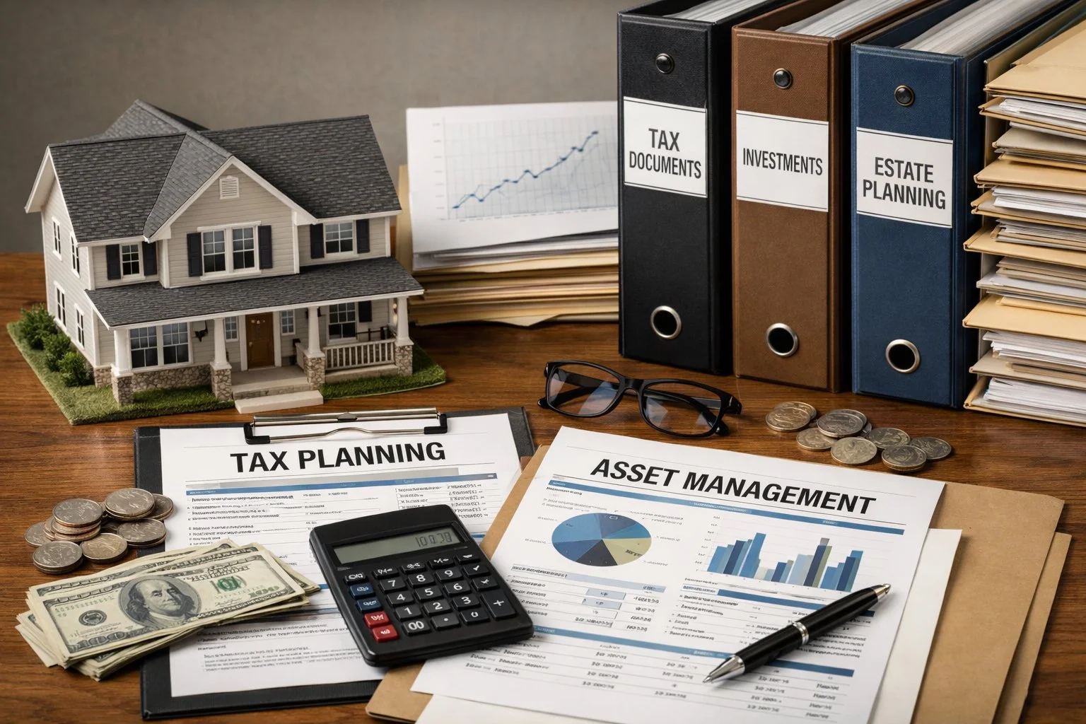 House model next to financial documents and organized folders, representing tax planning and asset management.