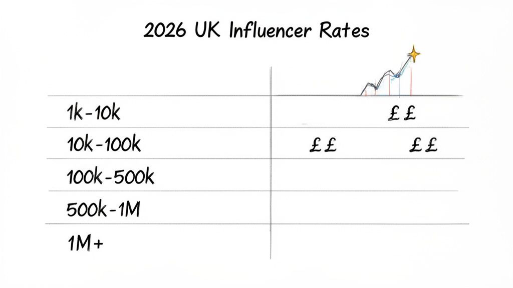 Table outlining 2026 UK influencer rates by follower count, indicating price tiers.
