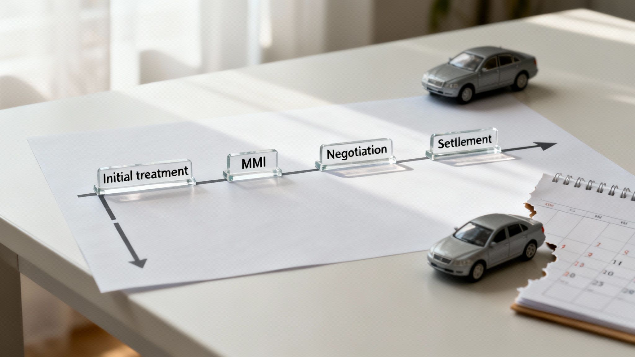Diagram showing a flowchart of the five stages of a car accident claim